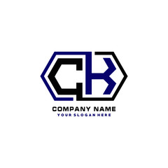 CK initial letters looping linked hexagon elegant logo color blue, black, yellow