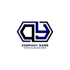 DY initial letters looping linked hexagon elegant logo color blue, black, yellow