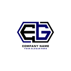 EG initial letters looping linked hexagon elegant logo color blue, black, yellow