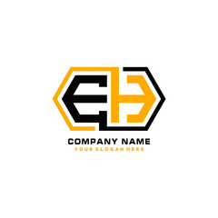 EH initial letters looping linked hexagon elegant logo color blue, black, yellow