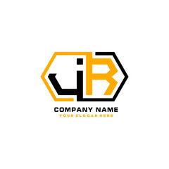JR initial letters looping linked hexagon elegant logo color blue, black, yellow