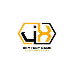 JX initial letters looping linked hexagon elegant logo color blue, black, yellow
