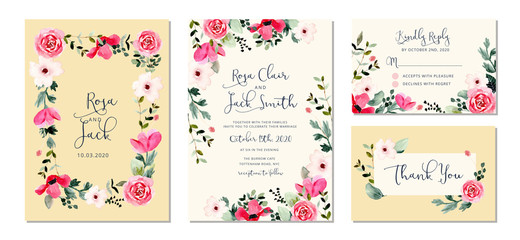 Fototapeta na wymiar wedding invitation set with pretty flower frame watercolor