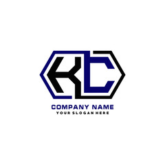 KC initial letters looping linked hexagon elegant logo color blue, black, yellow