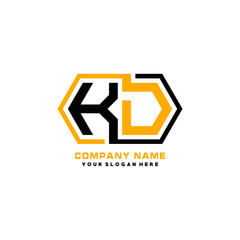 KD initial letters looping linked hexagon elegant logo color blue, black, yellow