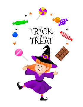 Cute cartoon halloween character design. A witch with candies. Illustration isolated on white background. Design for poster, banner and greeting card.