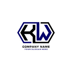 KW initial letters looping linked hexagon elegant logo color blue, black, yellow