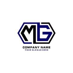 MG initial letters looping linked hexagon elegant logo color blue, black, yellow