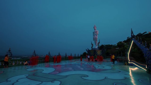 lapse of temple and big Buddha statue footage video 4k. Sriracha Thailand. Aerial view of Buddha statue in Wat khao phra kru temple located in Sriracha city Chonburi, Thailand