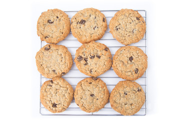 overhead view of freshly baked oatmeal raisin cookies on a cooling rack isolated on white