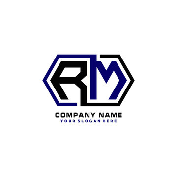 RM initial letters looping linked hexagon elegant logo color blue, black, yellow