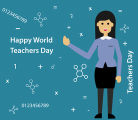 World Teacher's Day, with a standing female teacher, with a blue background, and numeric writings