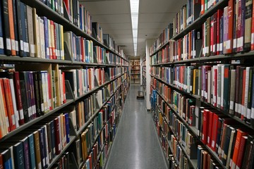 Bookshelves in a university library