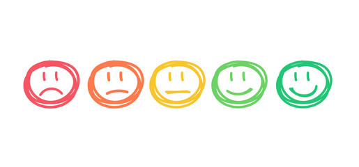 Set Of Five Handdrawn Outline Faces Different Moods Color