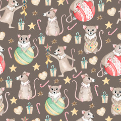 Watercolor seamless pattern with cute cartoon mice, decor, gift box,stars. Christmas illustration for cards, invitations and  wrapping paper on color background.
