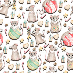 Watercolor seamless pattern with cute cartoon mice, decor, gift box,stars. Christmas illustration for cards, invitations and  wrapping paper.