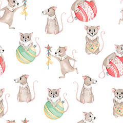Fototapeta premium Watercolor seamless pattern with cute cartoon mice. Christmas illustration for cards, wrapping paper, invitations and other.