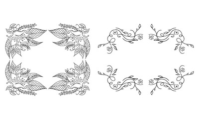 Tropical hand-drawn floral rectangular shaped frames. Outline set. Jungle illustration. Floral set. Vector isolated collection. Natural spring wedding card. Summer tropical leaf. Botanical frames