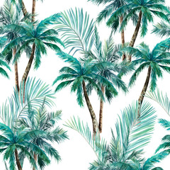 Fototapeta na wymiar Watercolor seamless pattern. Summer tropical palm trees background. Jungle watercolour print