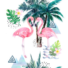 Fototapeta premium Abstract tropical pattern with flamingos, palm trees. Watercolor seamless print. Minimalism illustration
