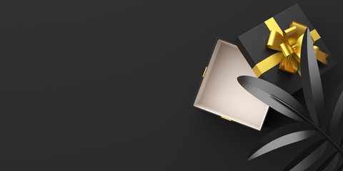 Opened gift box with gold ribbon and palm leaf in the studio lighting, copy space text, flat lay. Design creative concept for black friday sale event. 3D rendering illustration.