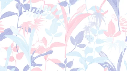 Poster Bloemen en gebladerte naadloos patroon, verschillende bladeren en bloemen in pastelroze, blauw en paars op wit © momosama