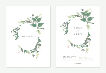 Flowers and foliage wedding invitation card template design, oval frame decorated with various green leaves and flowers on white