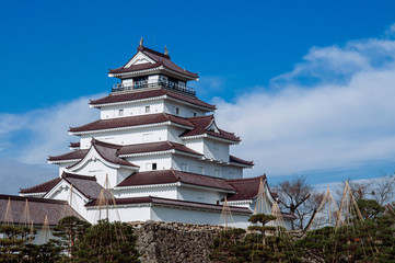Aizu Wakamatsu Tsuruga Castle under winter blue sky. Fukushima - Japan