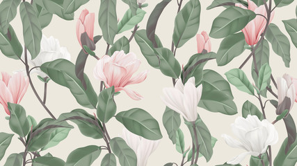 Floral seamless pattern, pink and white Anise magnolia flowers and leaves on light brown, pastel vintage theme