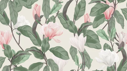 Gardinen Nahtloses Blumenmuster, rosa und weiße Anis-Magnolienblüten und -blätter auf hellbraunem, pastellfarbenem Vintage-Thema © momosama