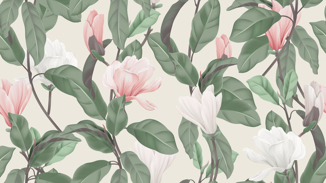 Floral seamless pattern, pink and white Anise magnolia flowers and leaves on light brown, pastel vintage theme © momosama