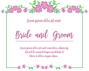 Wedding lettering for bride and groom, with nature purple rose flower frame. Vector