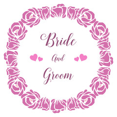 Wedding lettering for bride and groom, with nature purple rose flower frame. Vector