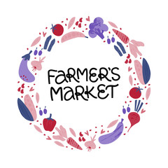 Farmers Market flat vector banner template. Decorative vegetables doodle sketch with hand lettering. Celebrating harvest gathering fest, festival poster, postcard design element