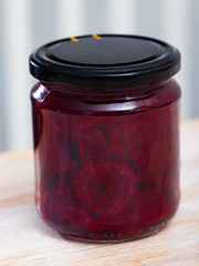 Glass jar of homemade pickled beetroot