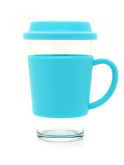  Empty blue cup over white background.