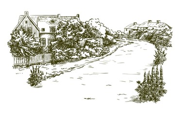 village houses and farmland. sketch drawn by hand on a grey background