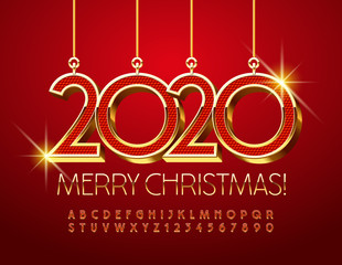 Vector Greeting Card for Merry Christmas with Red and Golden shine Toys 2020. Chic elegant Font.