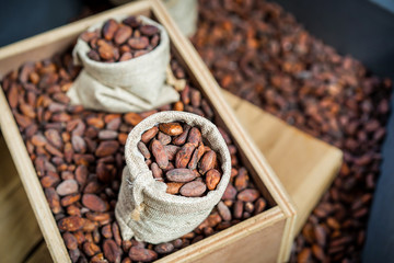 Dried coco beans in the vintage sacks close up.  Processed in vintage color tone.