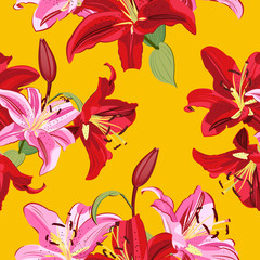 Lily flower seamless pattern on yellow background, Pink and Red lily floral vector illustration