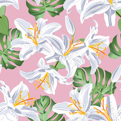 Lily flower seamless pattern on green background, Pink and Red lily floral vector illustration