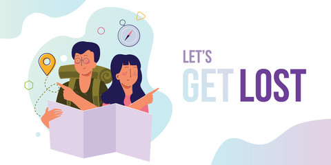 Let s get lost - Inspirational Typographic Quote. young couple travel with touristic map looking at different direction