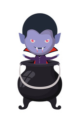 cute little boy with dracula costume and witch cauldron