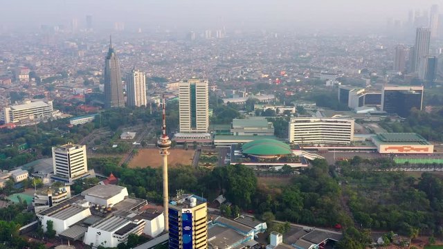 Aerial View of DPR MPR Complex in Jakarta, showing manggal wanabakti and TVRI tower. Panning Motion