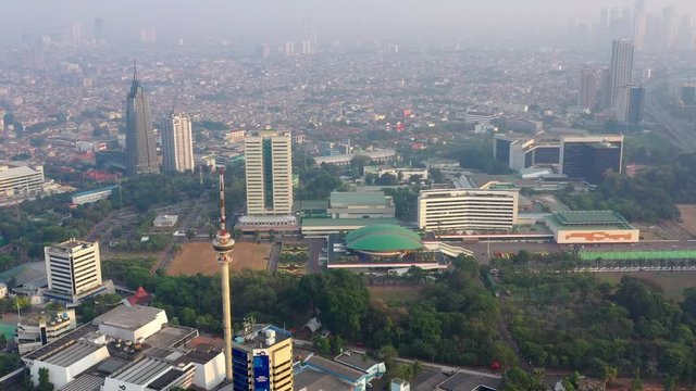 Aerial View of DPR MPR Complex in Jakarta, showing manggal wanabakti and TVRI tower. Panning Motion
