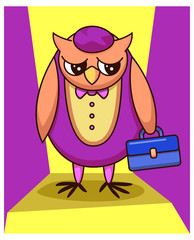 Sad red owl in a crimson suit and hat with a large blue suitcase does not want to go to work. Or maybe he just came home from school with a bad grade. Head, body, wings, legs, and case are separated