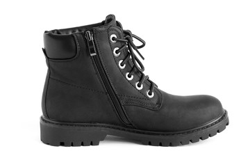 black heavy duty unisex boots isolated on white background, shoes for autumn winter season