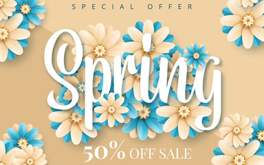 Spring banner with paper flowers for online shopping, advertising actions, magazines and websites. Vector illustration