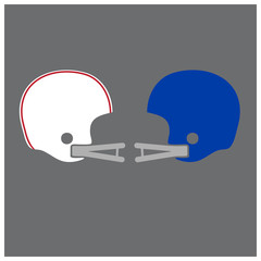 A vector illustration of two opposing vintage American football helmets. Two old school style helmets facing each other