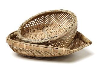 Bamboo basket hand made isolated on white background. Woven from bamboo tray.